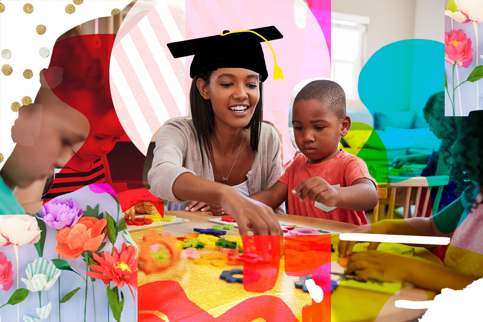 Photo illustration: A stock image of an early childhood education professional at play with students. There is a graduate's cap edited on to the teacher's head.