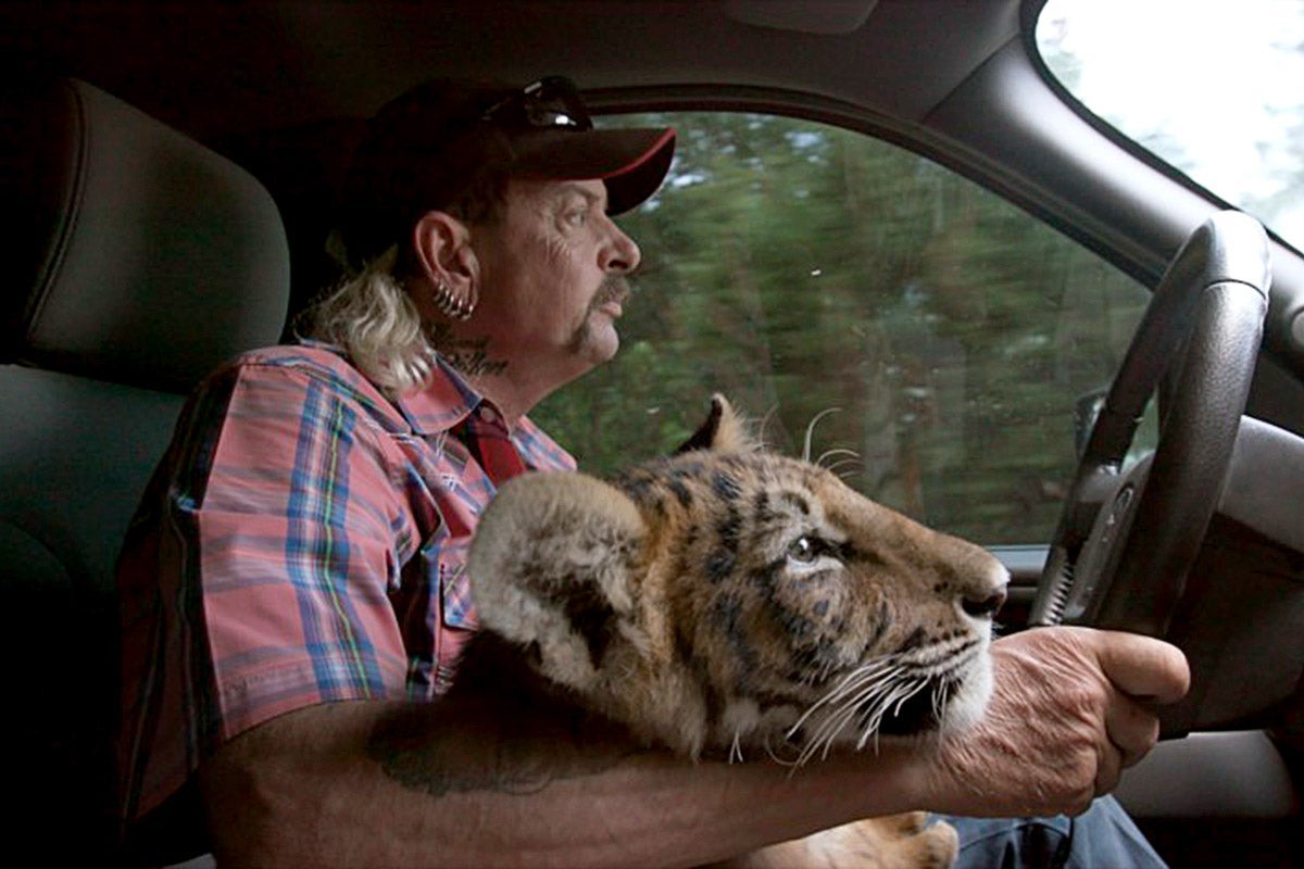 Joe Exotic driving a vehicle with a tiger cub beside him.