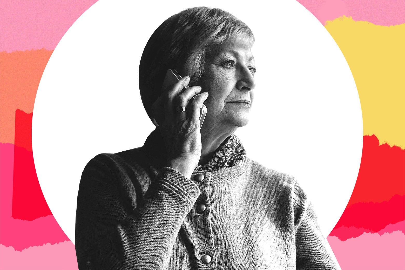 An older person is shown with a cell phone to her ear.