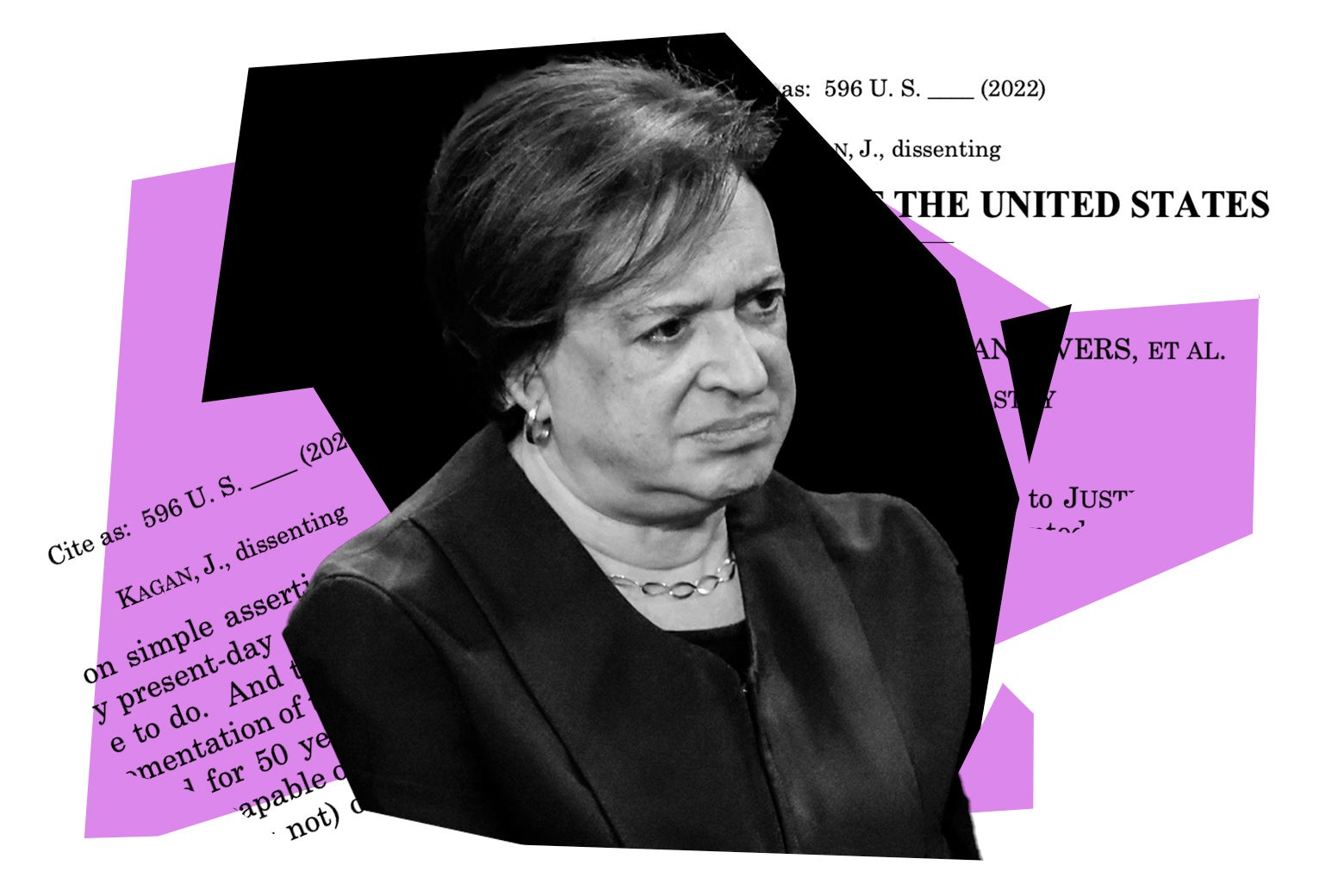 Kagan in her robe, frowning, with Supreme Court opinion text superimposed behind her.