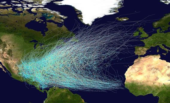 Map of hurricane paths in the Atlantic Ocean