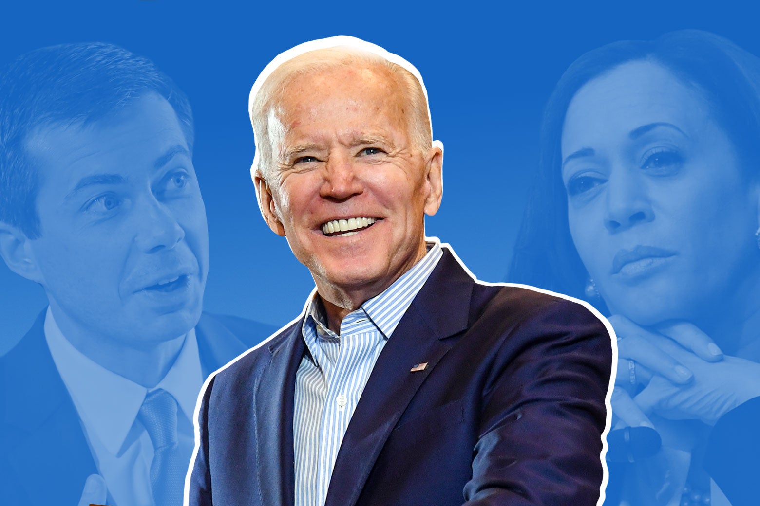 Joe Biden does that grin of his, with Pete Buttigieg and Kamala Harris to the side and in the background.