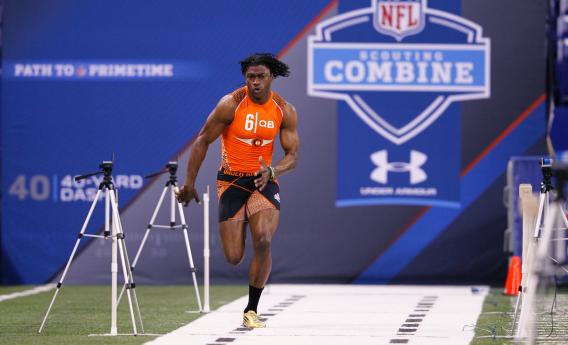INDIANAPOLIS—Quarterback Robert Griffin III of Baylor runs the 40-yard dash during the 2012 NFL Combine at Lucas Oil Stadium on Feb. 26, 2012
