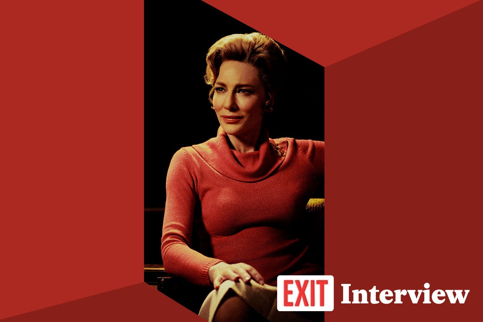 Cate Blanchett as Phyllis Schlafly in Mrs. America, with "Exit Interview" logo in the corner.