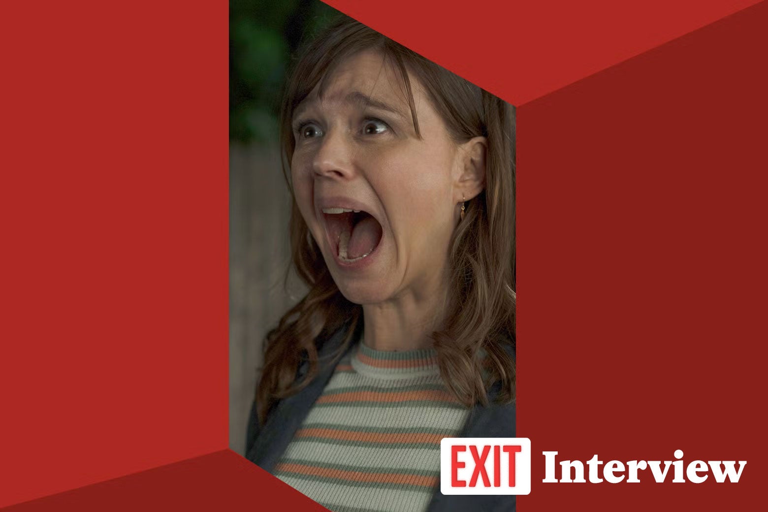 Katja Herbers screaming, surrounded by red borders.