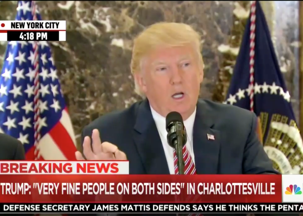 Trump defends Charlottesville marchers in press conference.