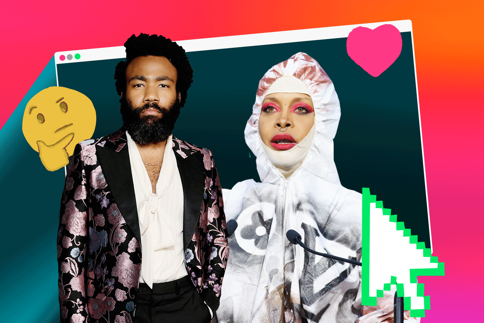 A bearded Childish Gambino looking snazzy in a purple floral blazer and a white V-neck dress shirt. Erykah Badu in a hazmat suit—but make it fashion. Around them, a thinking-face emoji and a heart.