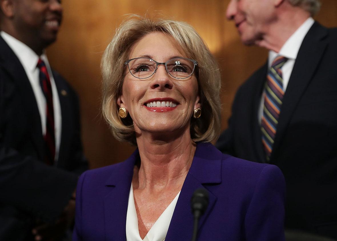 Betsy DeVos, President-elect Donald Trump's pick to be the next Secretary of Education, testifies during her confirmation hearing before the Senate Health, Education, Labor and Pensions Committee in the Dirksen Senate Office Building on Capitol Hill  January 17, 2017 in Washington, DC. 
