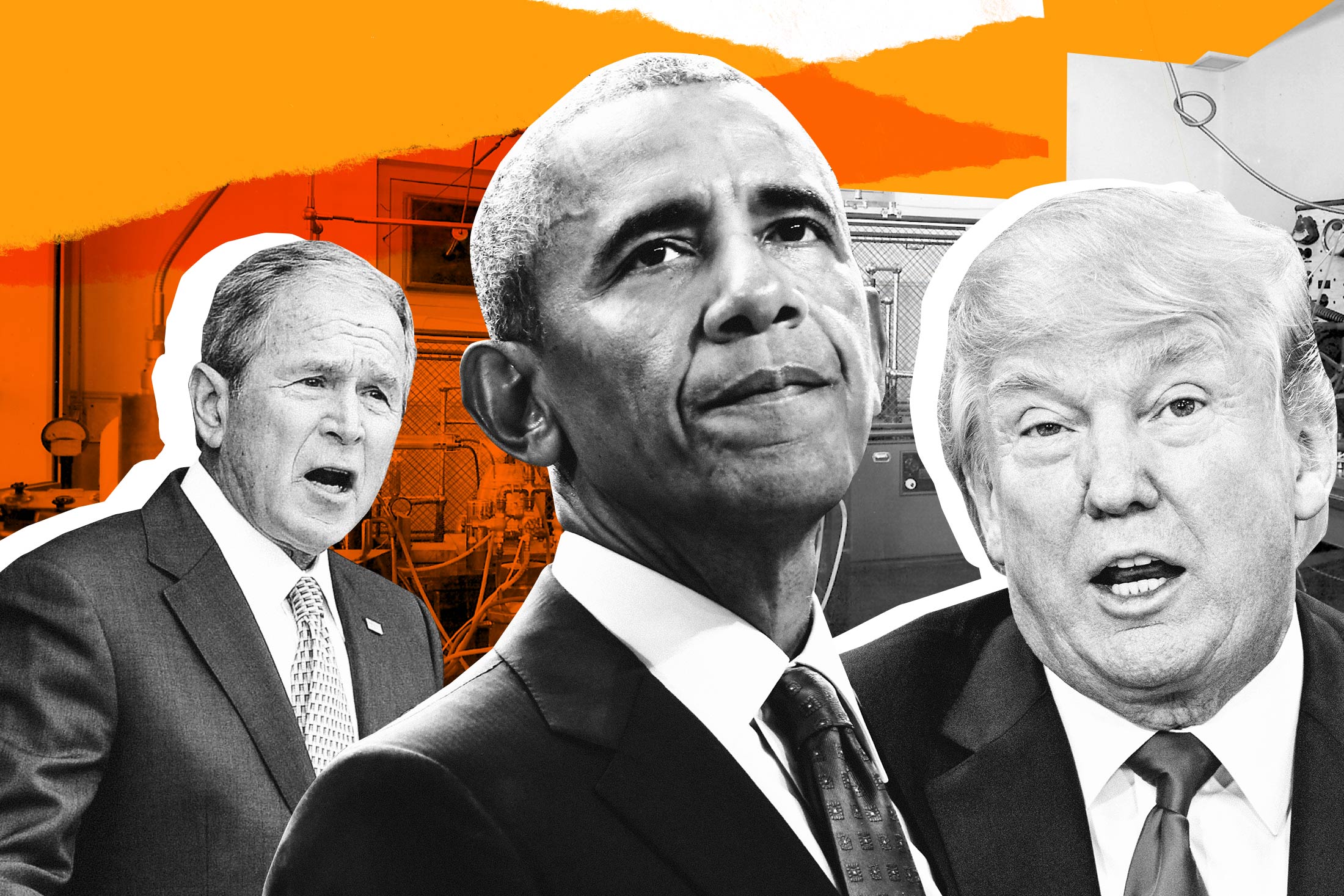 George W. Bush, Barack Obama, Donald Trump, with lab equipment in the background.