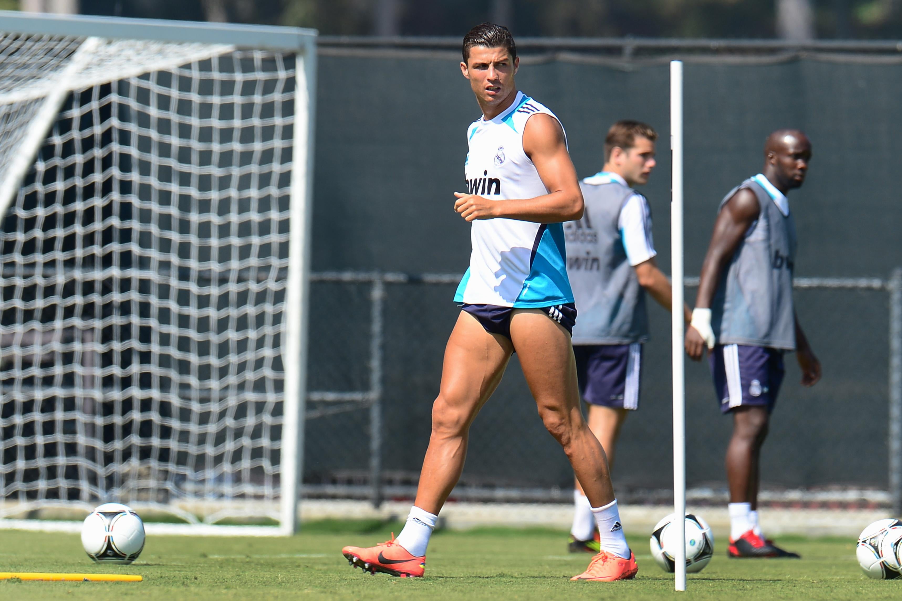 Real Madrid's Cristiano Ronaldo, with his shorts pulled up high, during a training session.