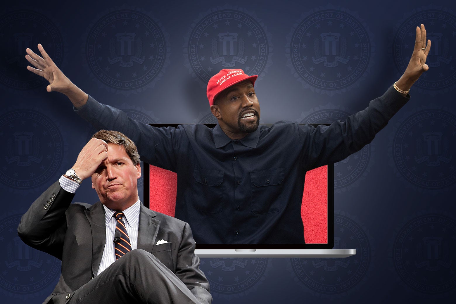 A photo illustration with the FBI seal in the background, Tucker Carlson in the foreground looking stressed, and Kanye West popping out of a laptop.