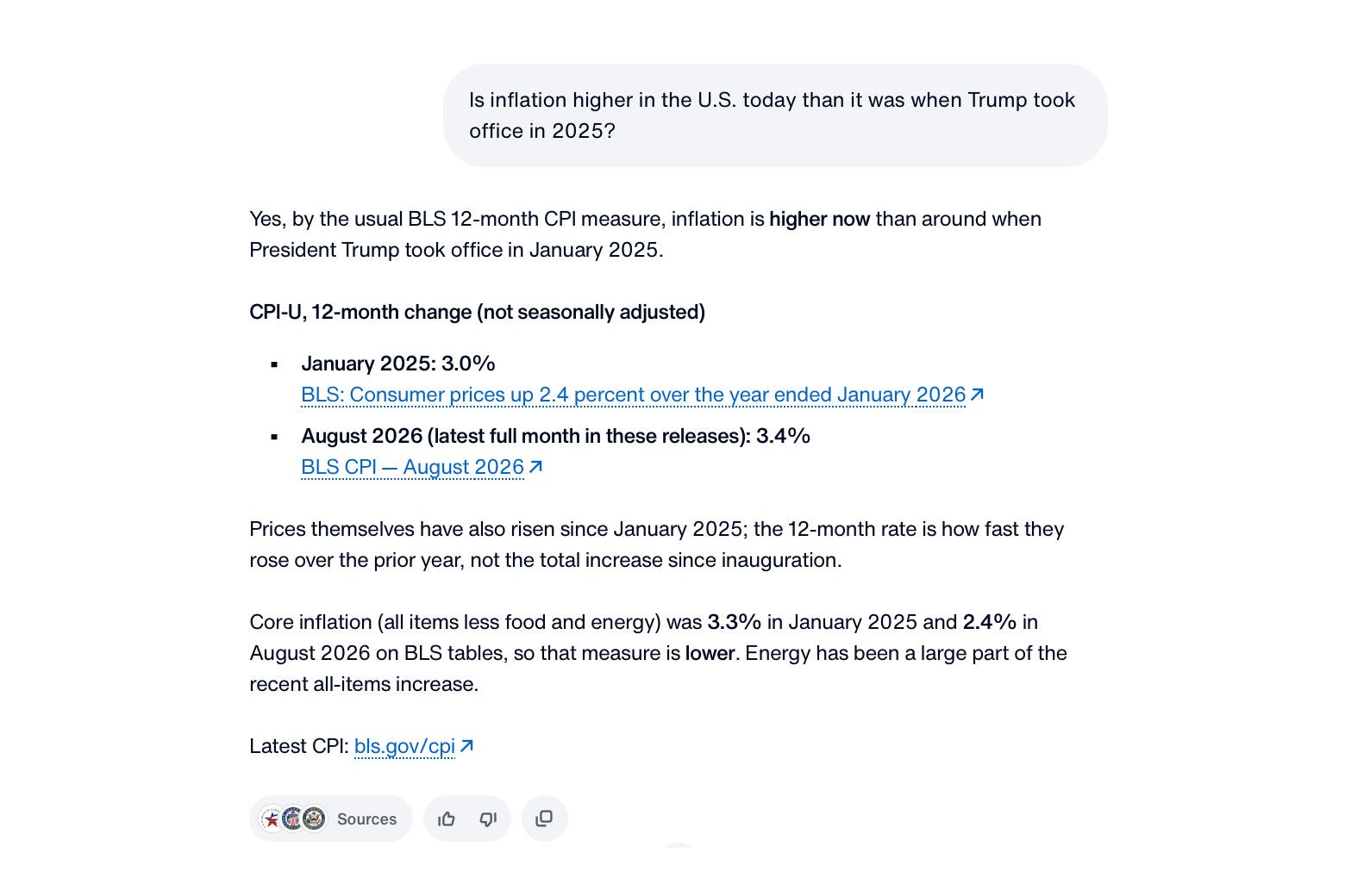 A screenshot from America.gov asking a bot if inflation is higher now vs when Trump took office in 2025.