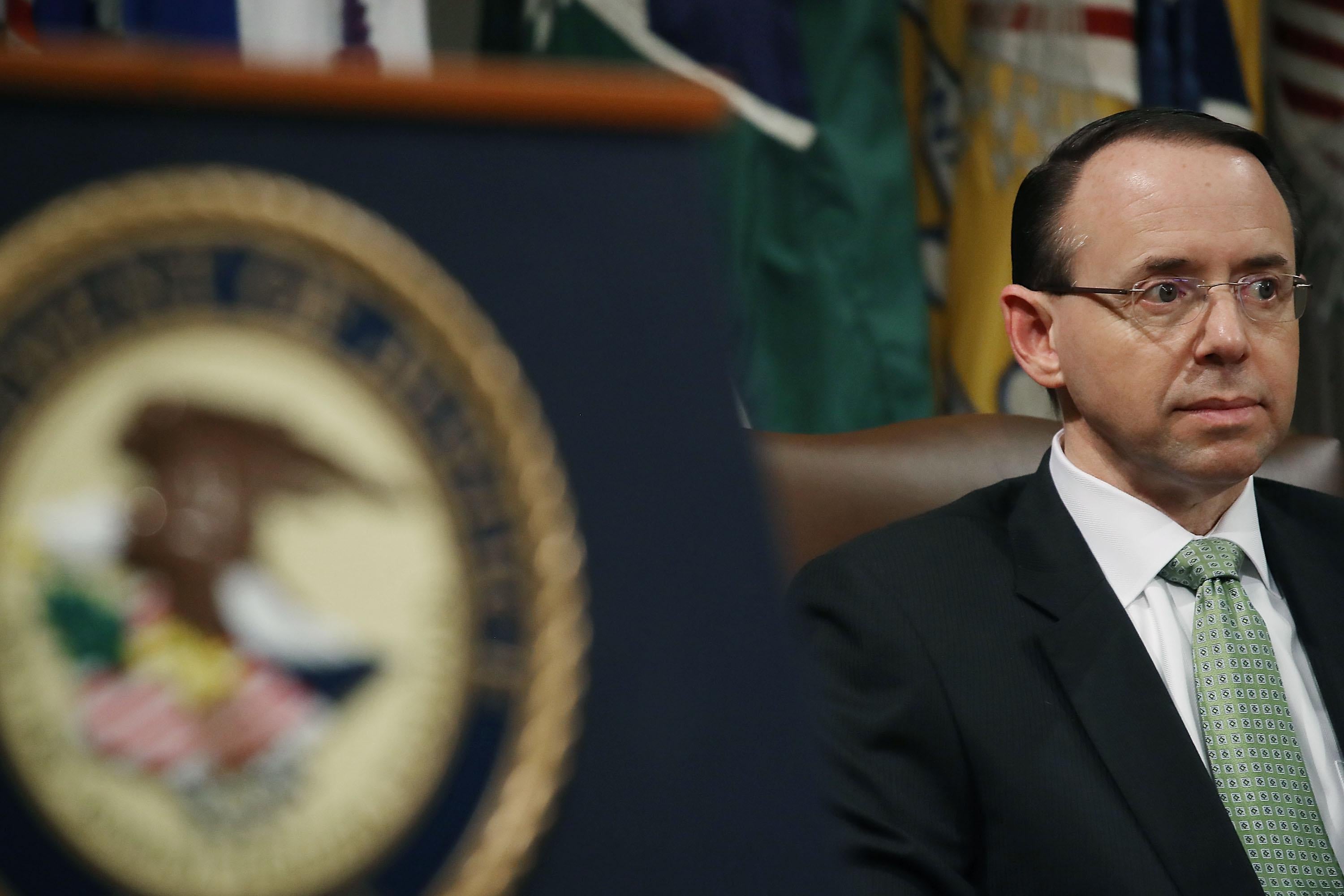 Deputy U.S. Attorney General, Rod Rosenstein participates in a summit to discuss efforts to combat human trafficking, at the Justice Department, on February 2, 2018 in Washington, DC.