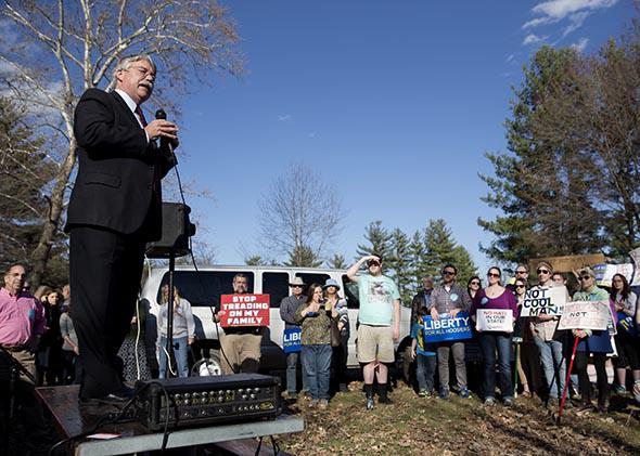 Indiana Attorney General Greg Zoeller speaks to a gathering at Karst Farm Park on March 31, 2015, in Bloomington, Indiana, amid widespread criticism nationally over the state’s new controversial Religious Freedom Restoration Act