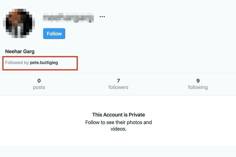 A screenshot of Neehar Garg's Instagram page, which shows Pete Buttigieg as a follower.