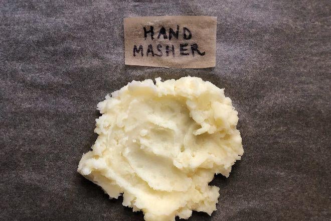 A dollop of mashed potatoes labeled Hand Masher.