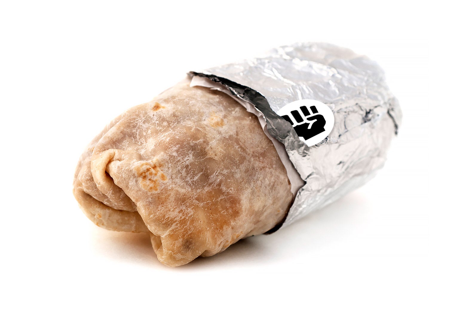 A burrito with a sticker featuring a fist in solidarity on the foil wrapper.