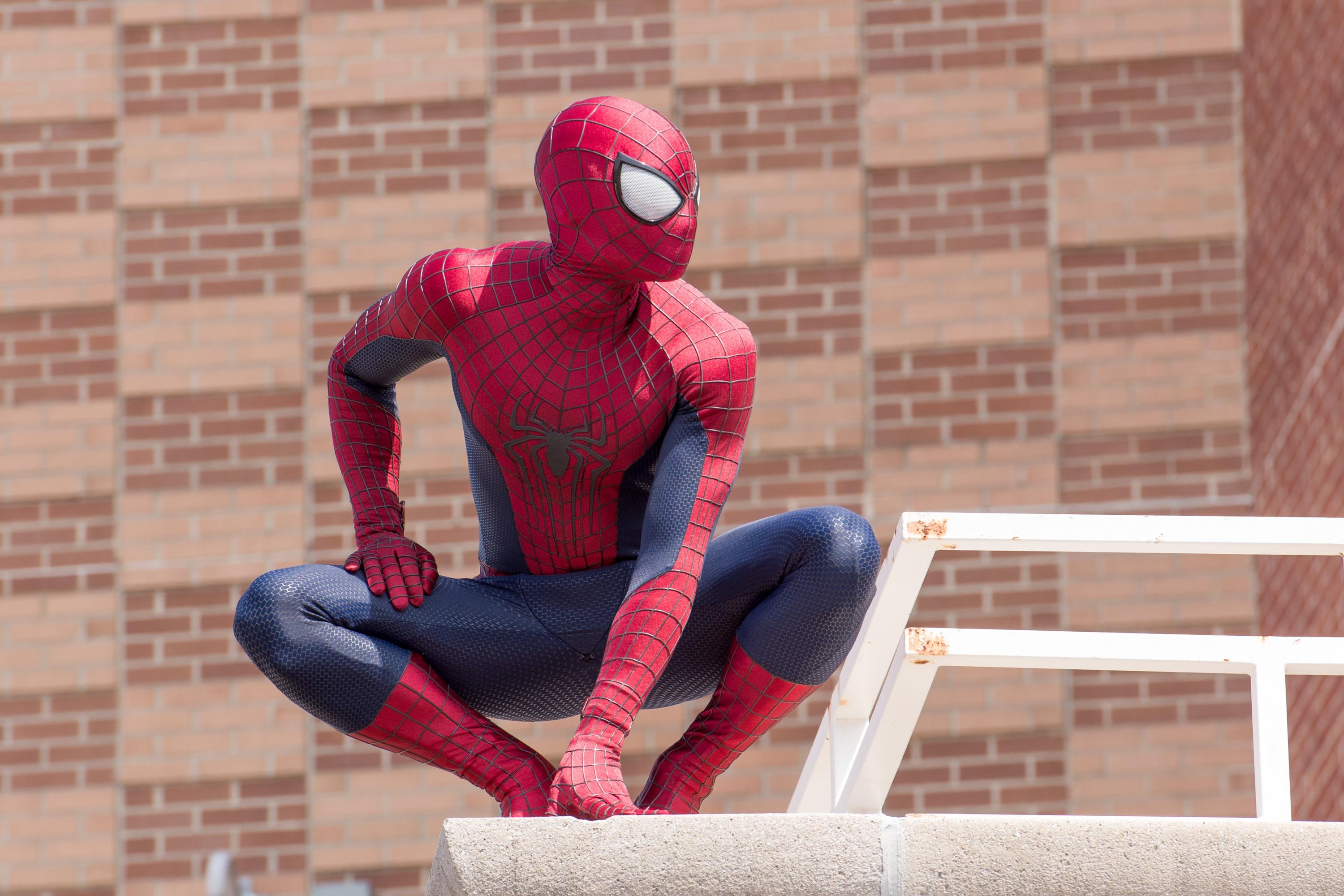 Spider-Man crouched atop a building.