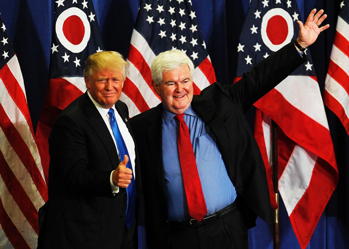 Former Speaker of the House Newt Gingrich introduces Republican Presidential candidate Donald Trump during a rally at the Sharonville Convention Center July 6, 2016, in Cincinnati, Ohio. 