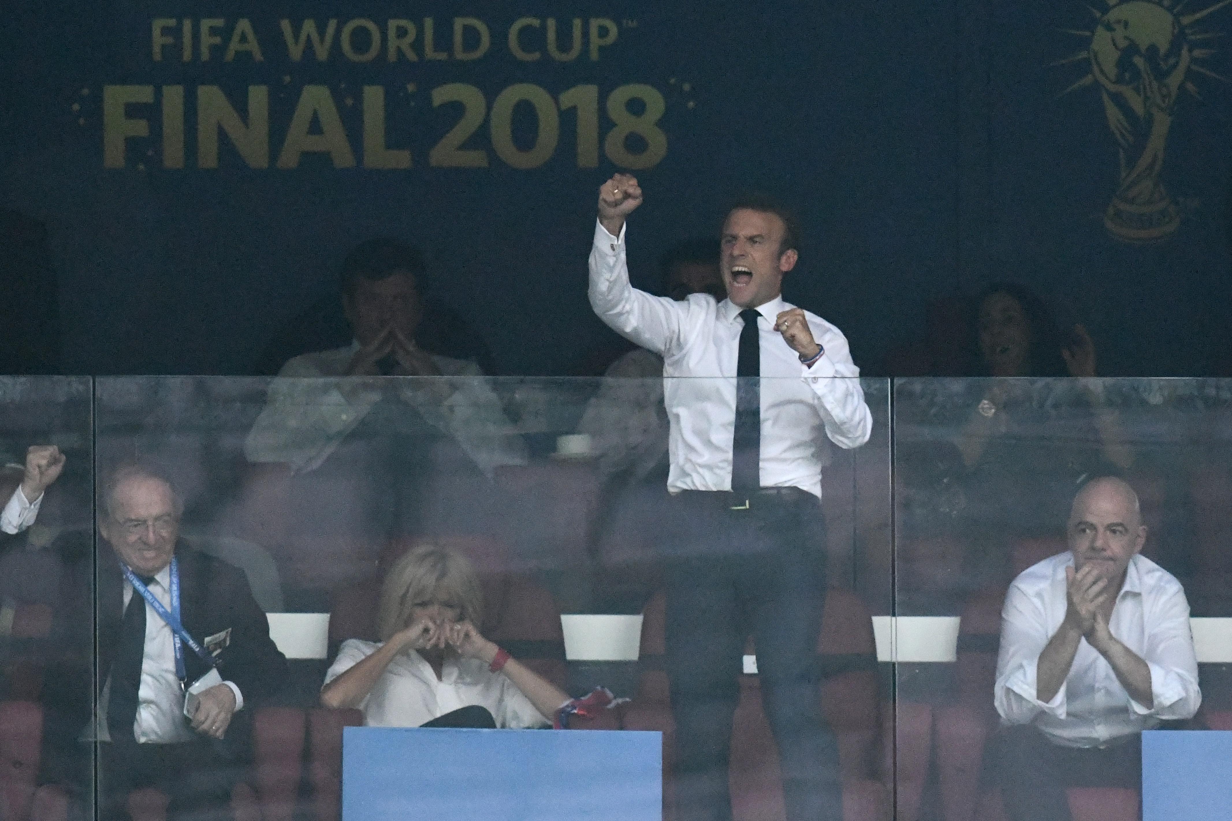 French President Emmanuel Macron celebrates his team's goal during the Russia 2018 World Cup final football match between France and Croatia at the Luzhniki Stadium in Moscow on July 15, 2018. 