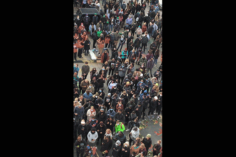 The moment the verdict was read, from the roof of Cup Foods in an animated GIF.