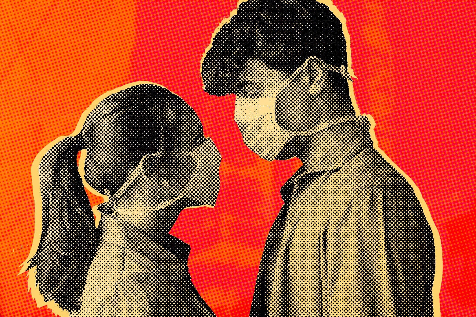 Man and woman, both wearing surgical masks, face each other
