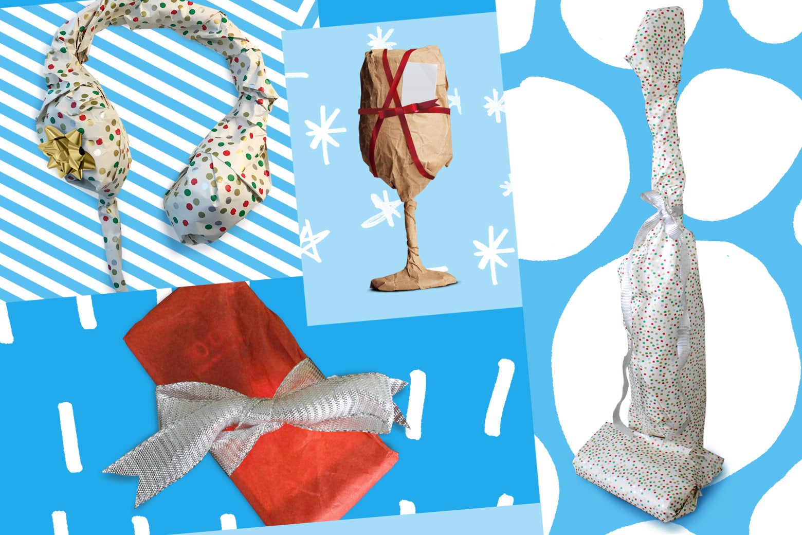 Wrapped gifts: headphones, wine glass, vacuum cleaner