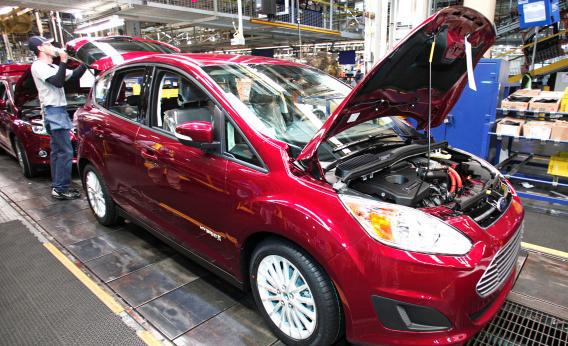 A Ford C-MAX hybrid vehicle goes through assembly at the Michigan Assembly Plant Nov. 8, 2012, in Wayne, Mich.