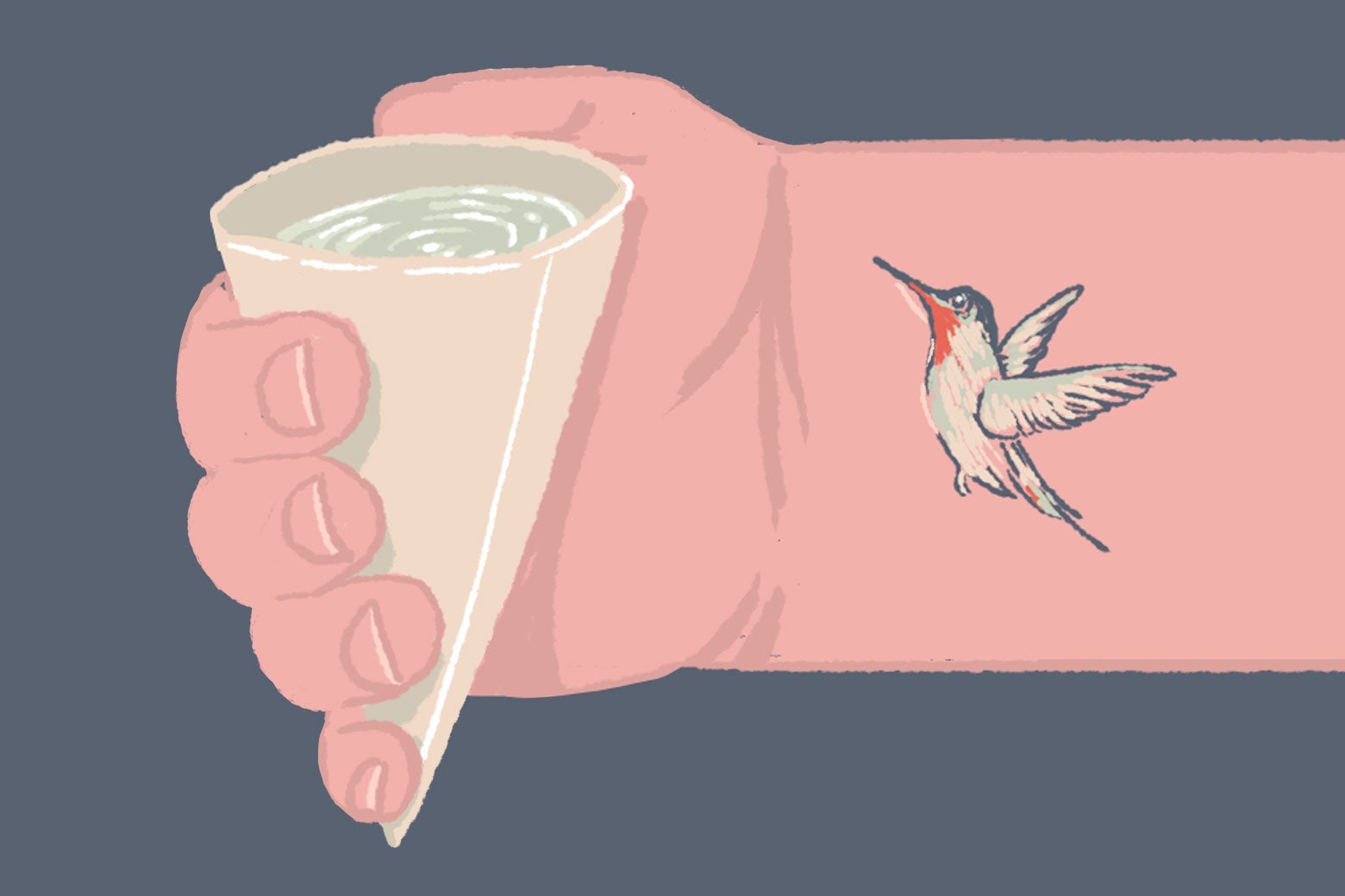 A hand—whose forearm has a hummingbird tattoo—holding a watercooler cup