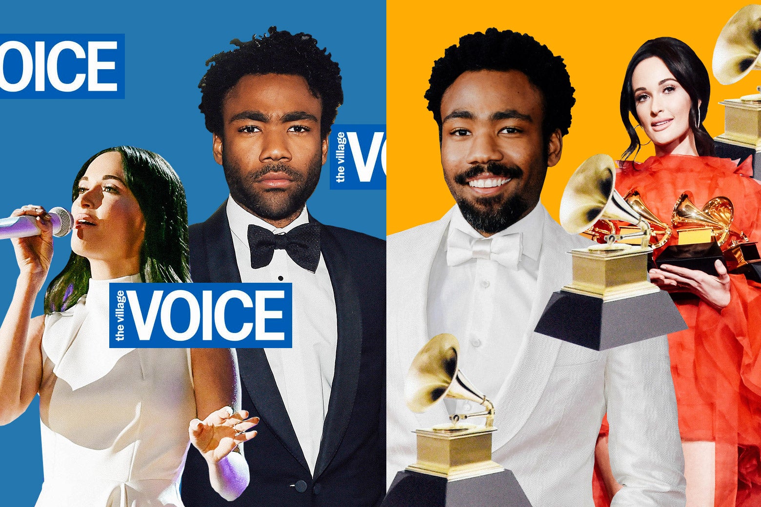Kacey Musgraves and Donald Glover depicted with the Village Voice logo and Grammy statues.