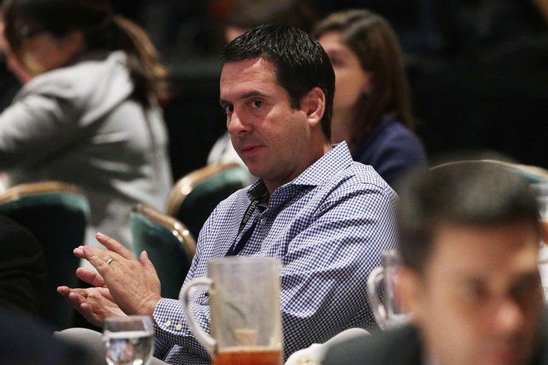 U.S. Rep. Devin Nunes, Chairman of House Intelligence Committee, listens to President Donald Trump's remarks during a lunch at the 2018 House & Senate Republican Member Conference February 1, 2018