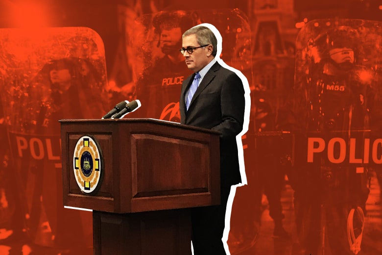 Photo illustration: Philly DA Larry Krasner experimenting in criminal justice reform against a background of police officers in riot gear.