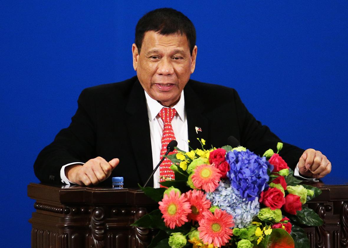 Philippines President Rodrigo Duterte makes a speech during the Philippines - China Trade and Investment Fourm at the Great Hall of the People on October 20, 2016 in Beijing, China.