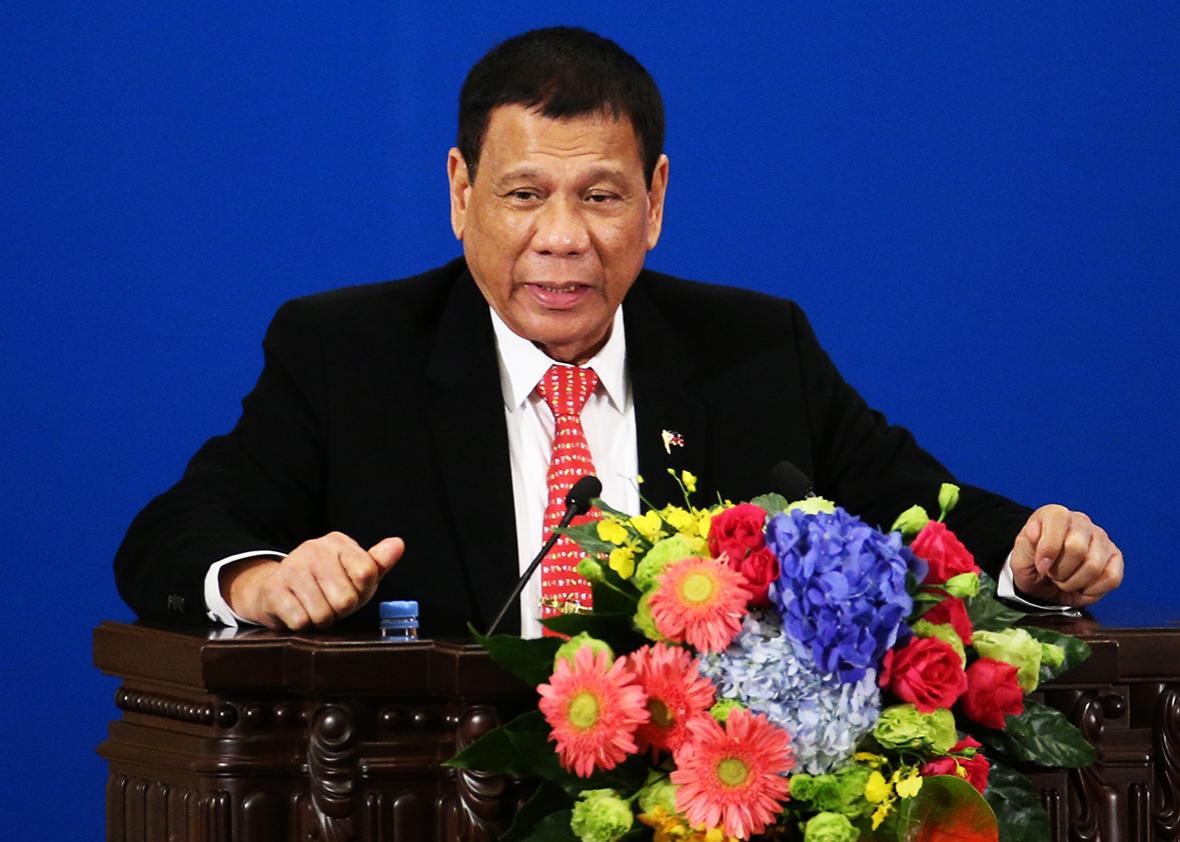 Philippines President Rodrigo Duterte makes a speech during the Philippines - China Trade and Investment Fourm at the Great Hall of the People on October 20, 2016 in Beijing, China. 