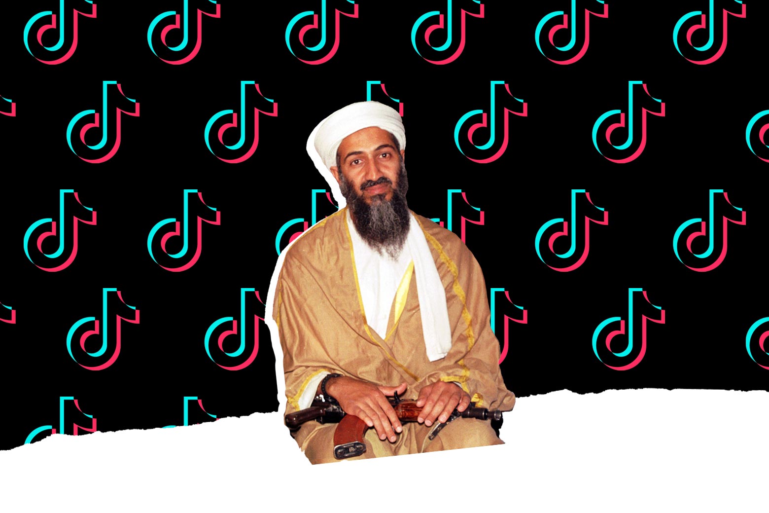 Osama Bin Laden against a background of TikTok logos.