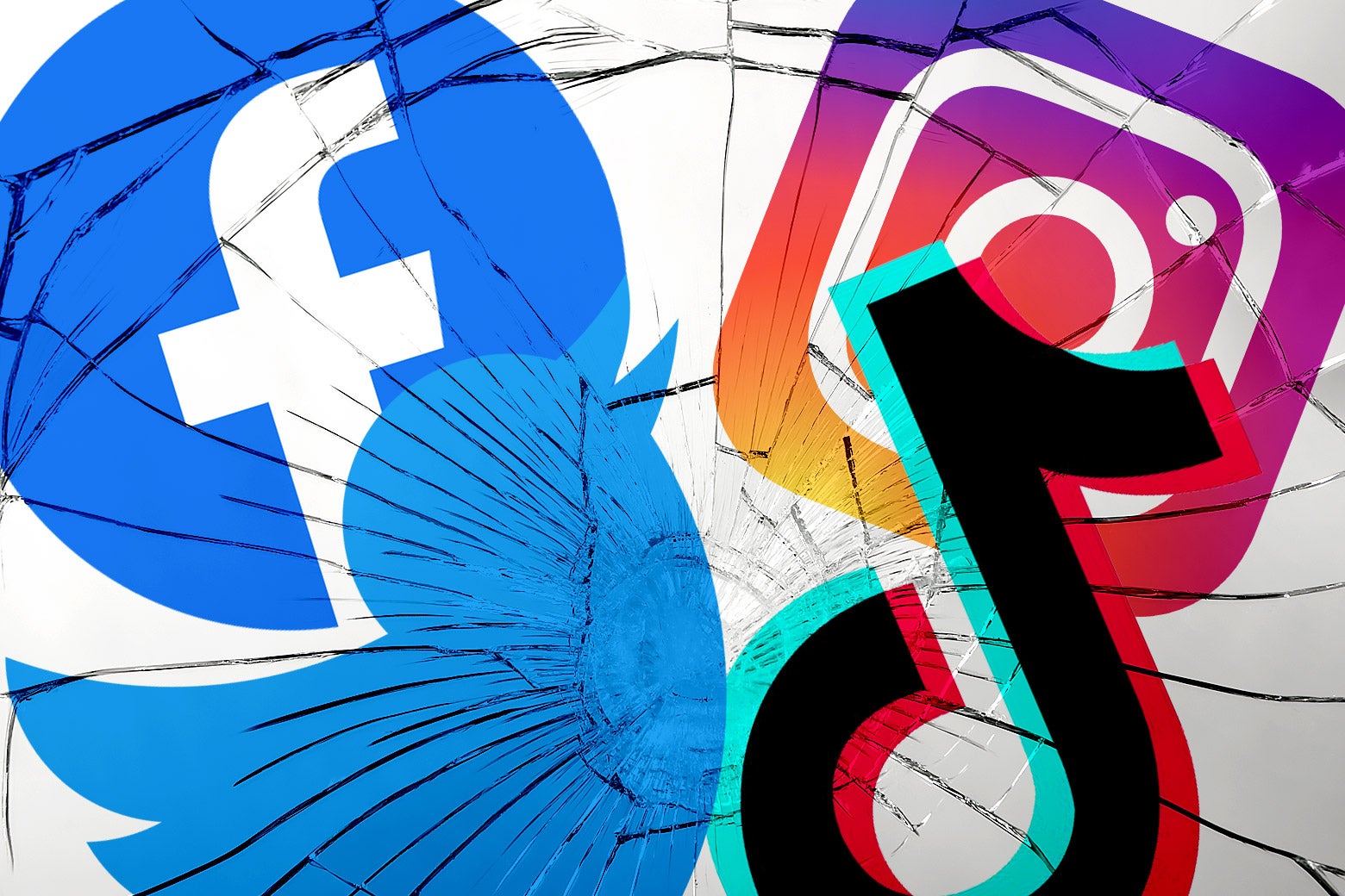 Logos for Facebook, Twitter, TikTok, and Instagram, shattered like glass.