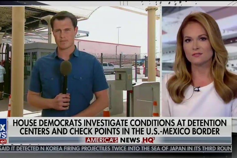 A split screen showing Garrett Tenney at a port of entry in El Paso and Gillian Turner at the Fox News desk.