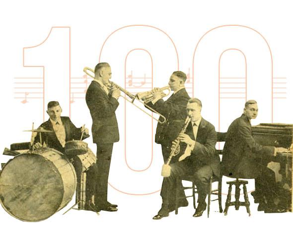 Photo illustration by Natalie Matthews-Ramo. Photo of Original Dixieland Jazz Band scanned by Infrogmation (https://commons.wikimedia.org/wiki/User:Infrogmation)from original 1918 promotional postcard.