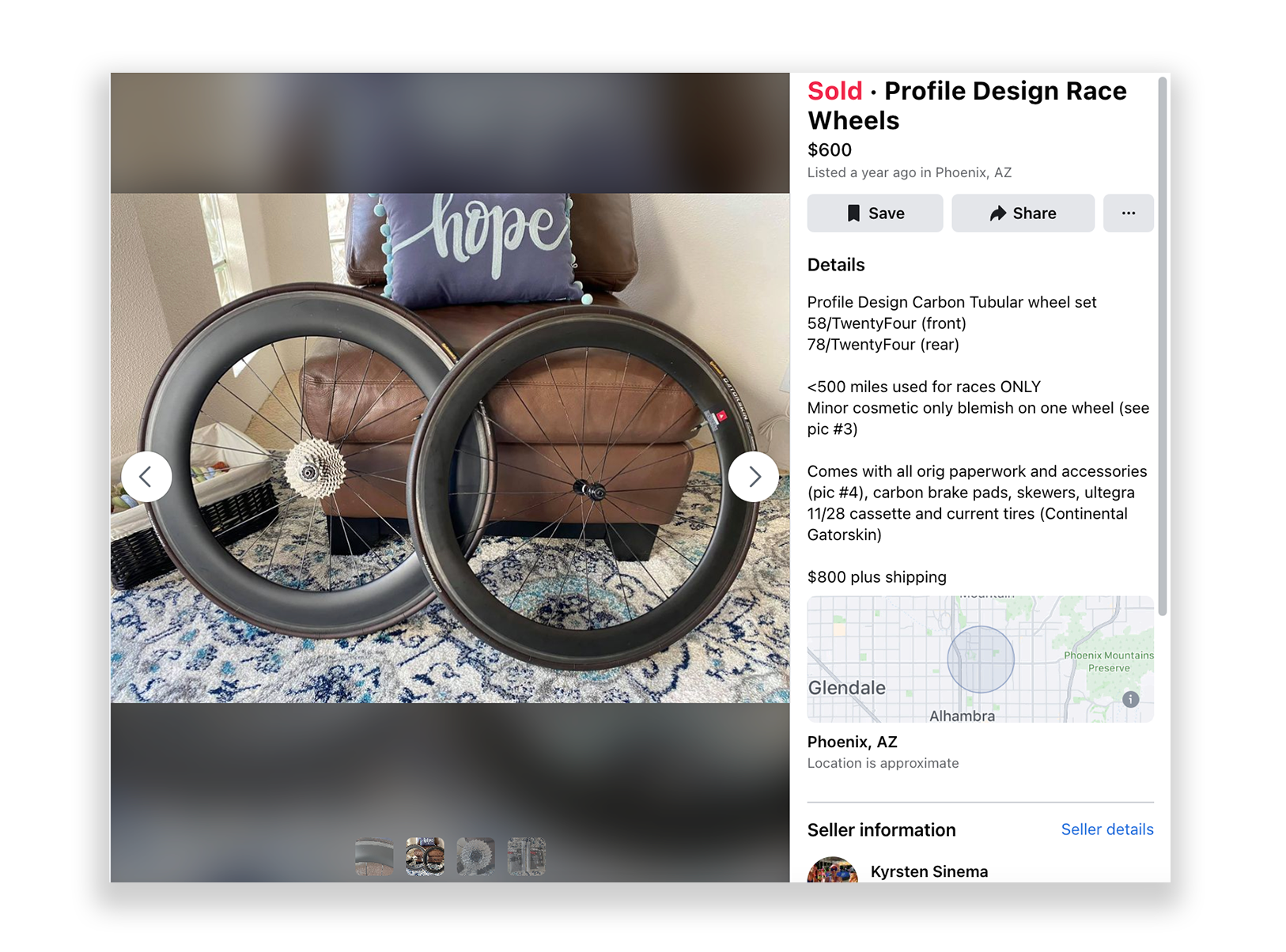 An image of bike wheels in front of a pillow that says "hope," alongside pricing and description in a Facebook Marketplace listing.