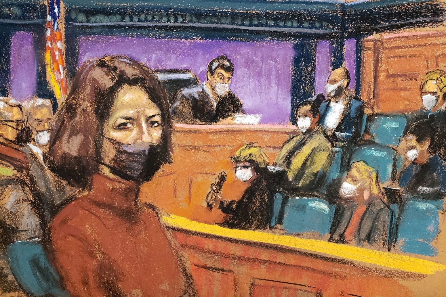 Courtroom sketch of Ghislaine Maxwell seated and listening as the guilty verdict in her trial is read