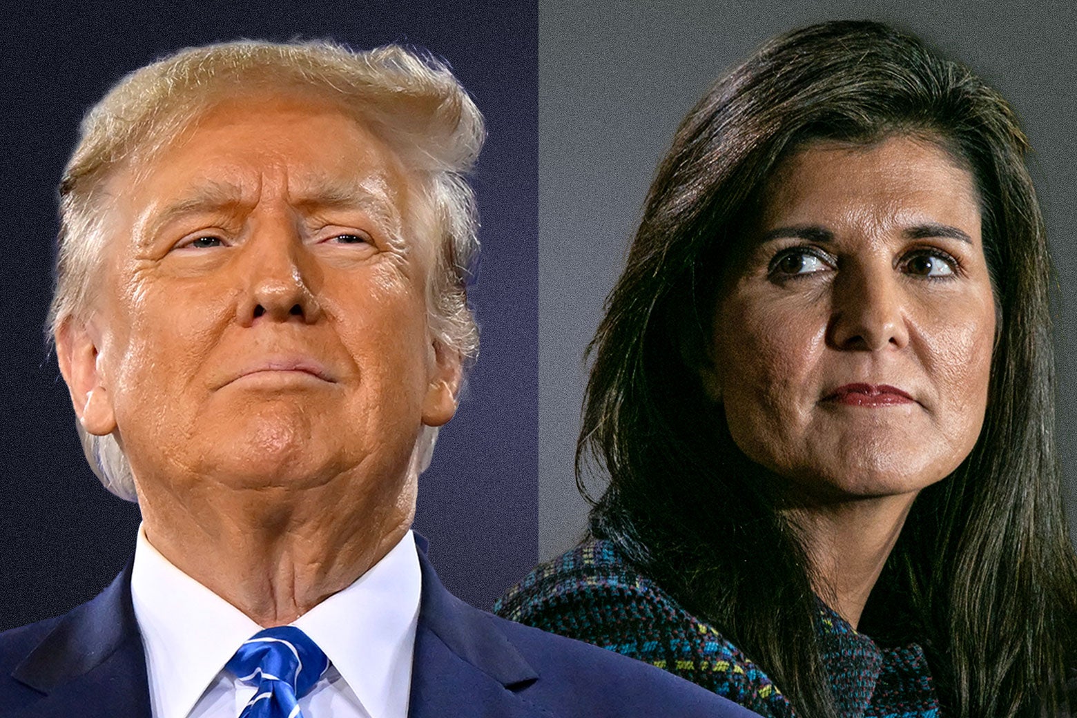 A diptych with Donald Trump on the left side and Nikki Haley on the right side.