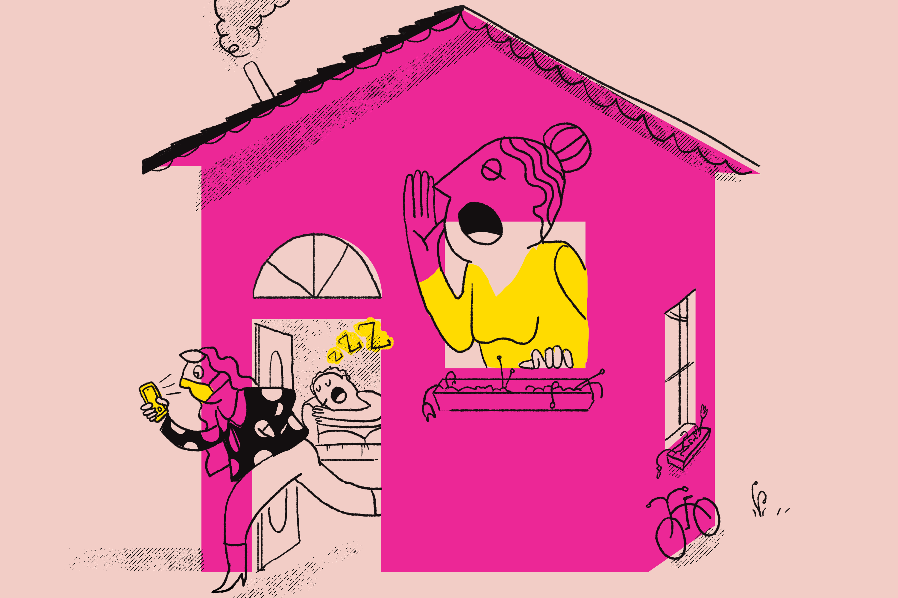 Illustration of a mom yelling out the window of a house, a teen girl sneaking out wearing a mask and looking at her phone, and a teen boy inside sleeping