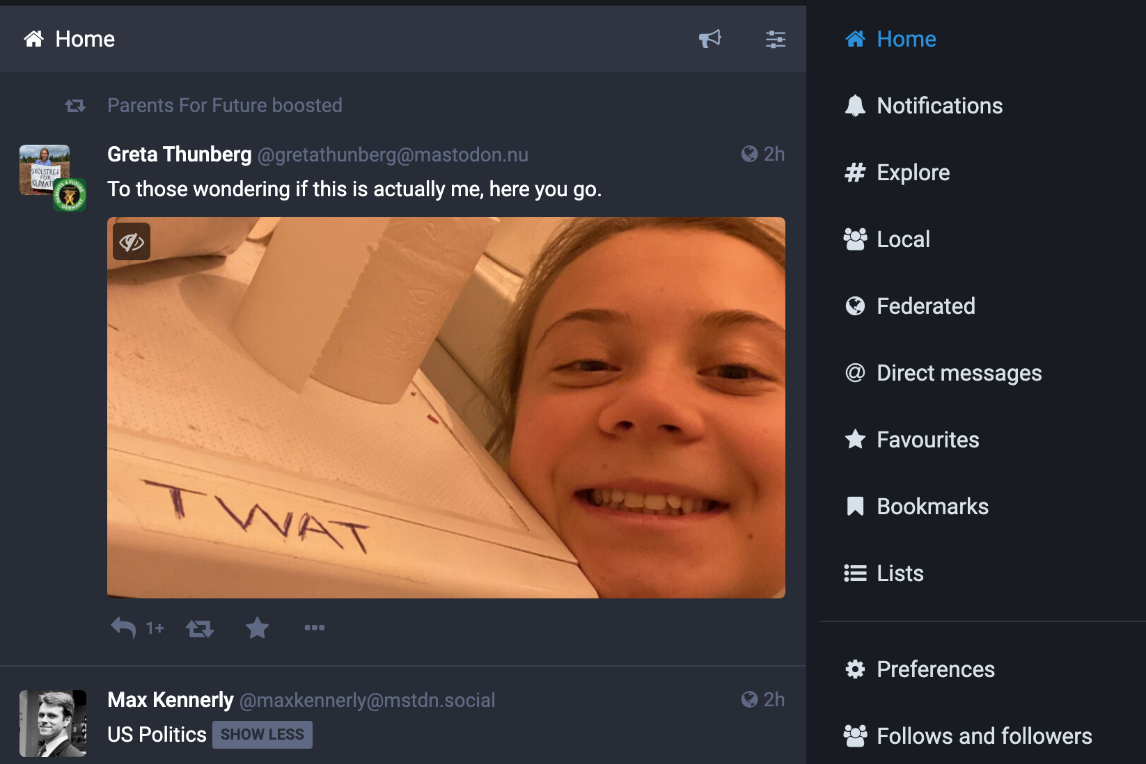 Mastodon layout with a photo of Greta Thunberg