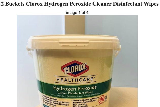 A bucket of Clorox wipes.