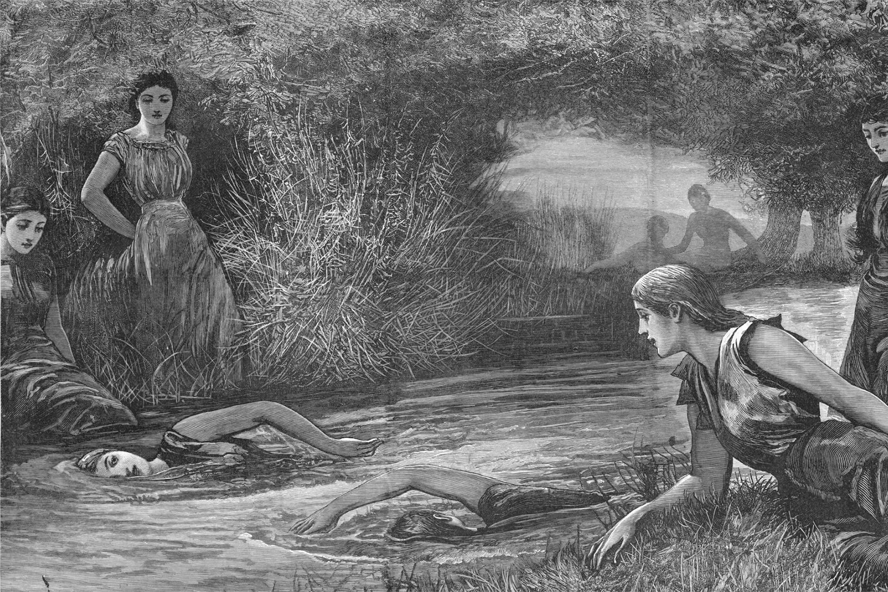A group of women swimming in a river. 