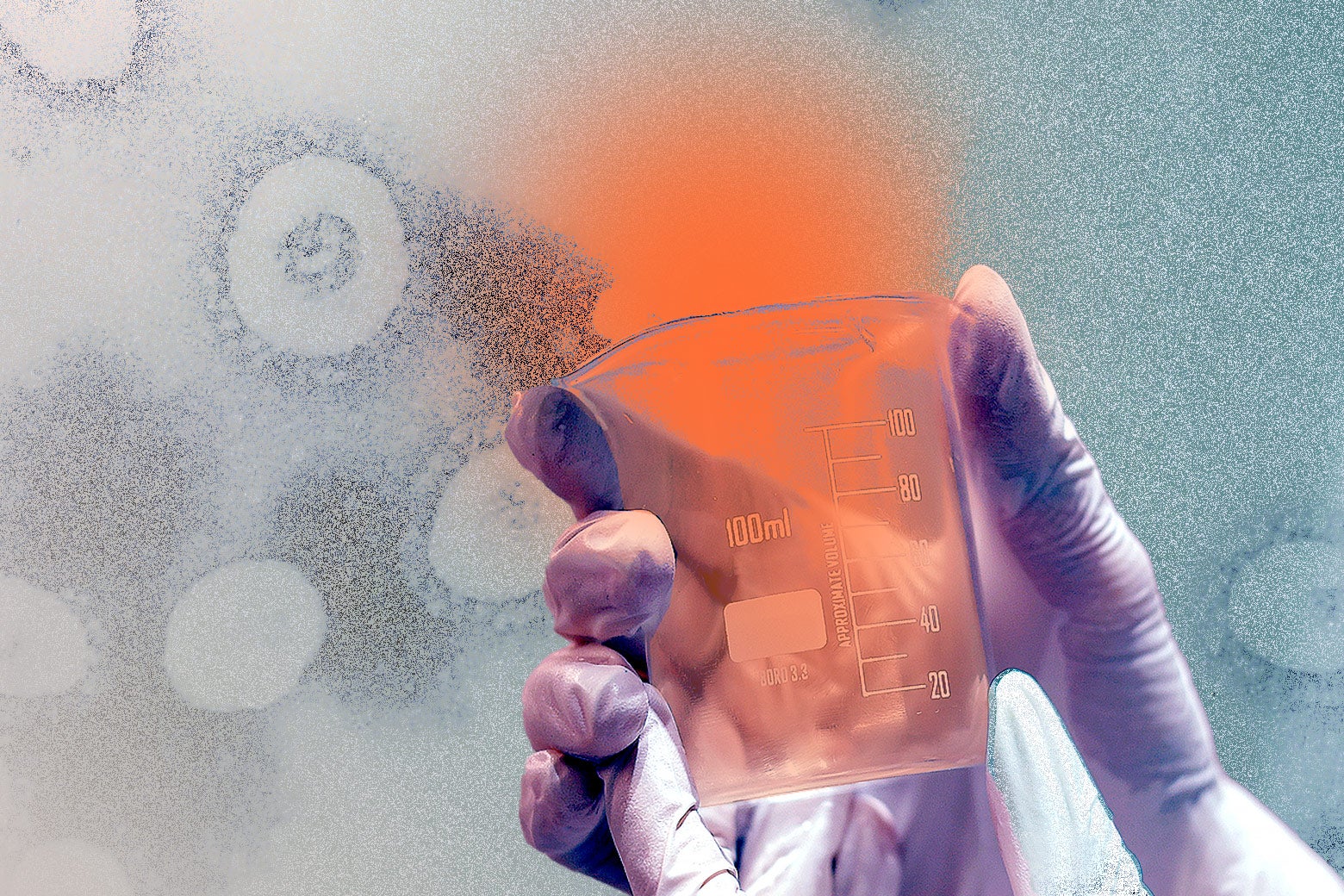 A gloved scientist hand holds a beaker from which an orange virus is emerging.