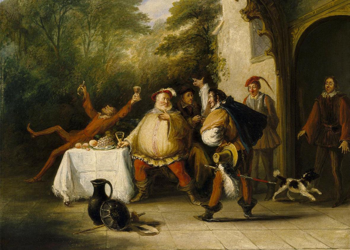 Pistol announcing to Falstaff the death of the king from Act V, Scene 3 of William Shakespeare's Henry IV, Part 2.