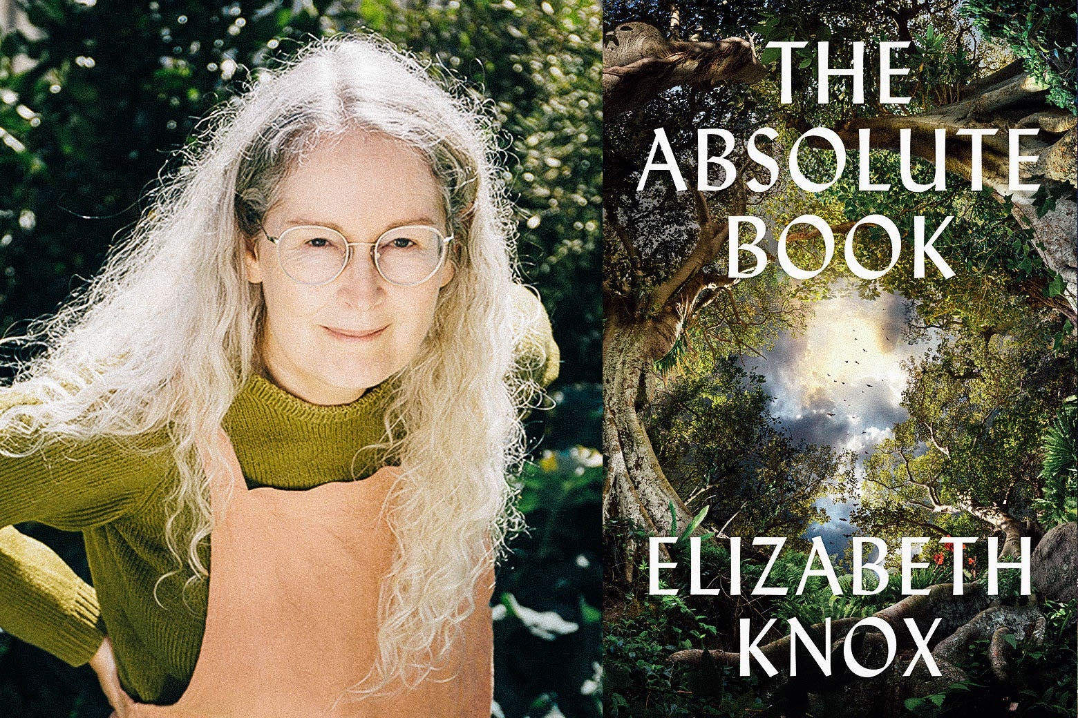 The author Elizabeth Knox and her book The Absolute Book.