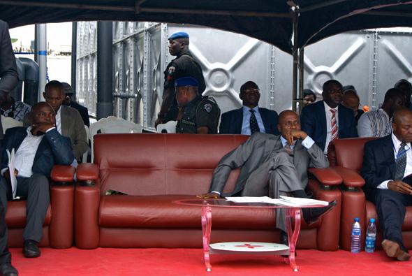 Governor Amaechi, centre, listens to the opening speeches at the unveiling of a Shell-sponsored water purification plant, flanked by members of his administration and Shell Nigeria reps.