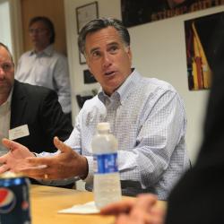 The last time Mitt Romney was  in Iowa before this week: In August he met with businesspeople in Pella.